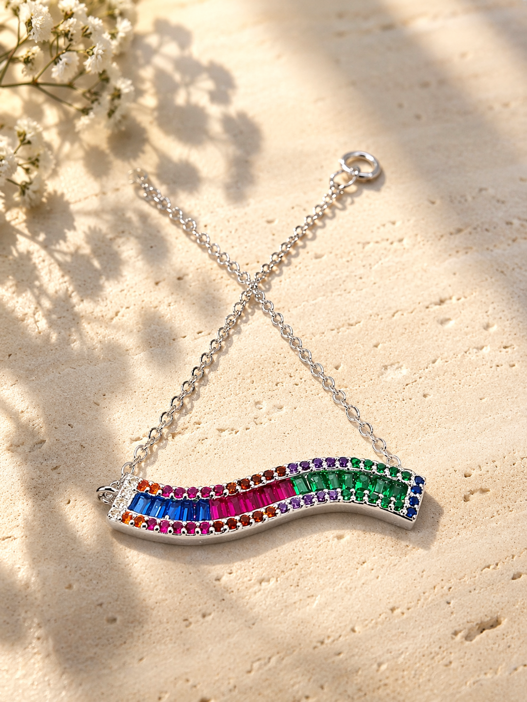 Sterling Silver Curved Rainbow Bracelet