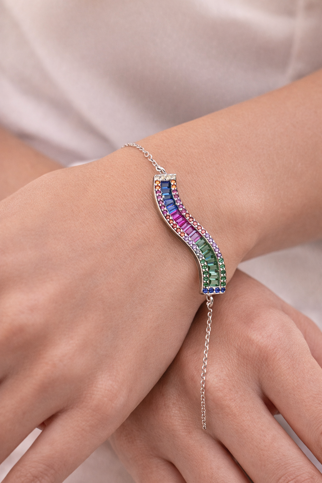 Sterling Silver Curved Rainbow Bracelet