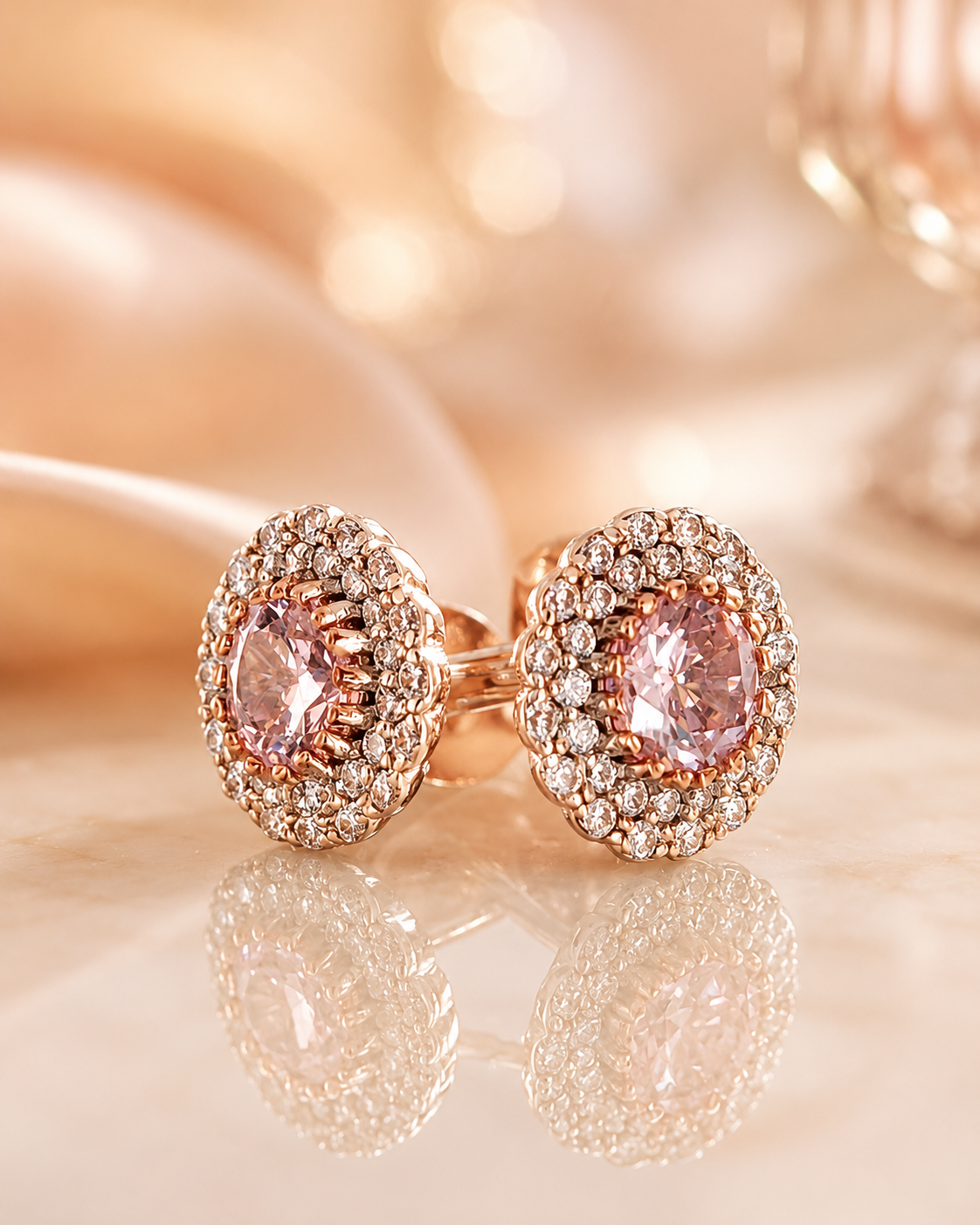 Rose Gold Pink Halo Stud Earrings