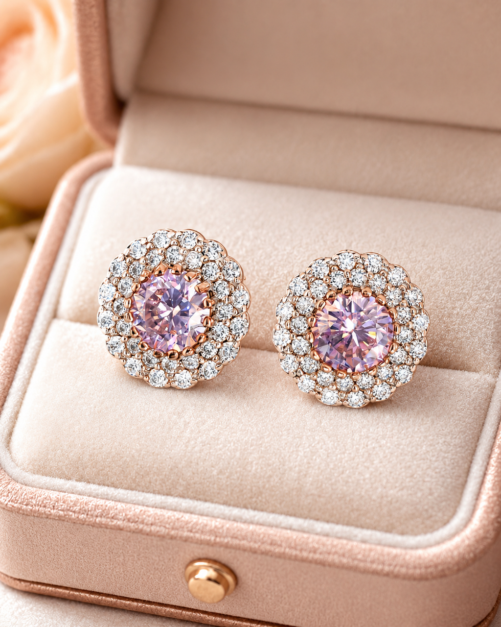 Rose Gold Pink Halo Stud Earrings