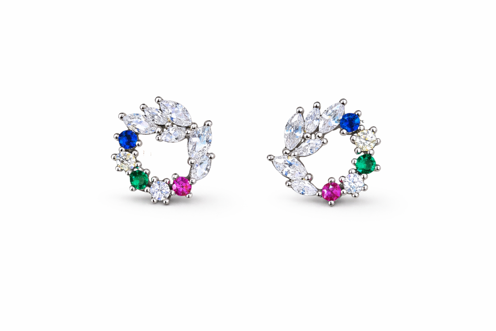 Sterling Silver Leaf Halo Stud Earrings