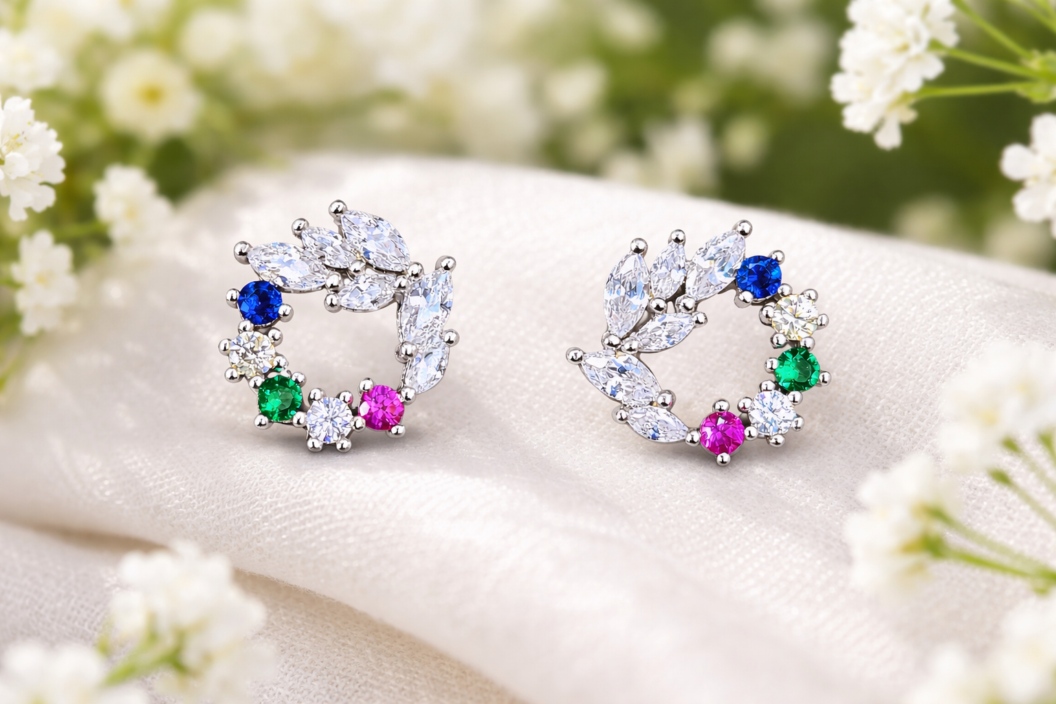 Sterling Silver Leaf Halo Stud Earrings