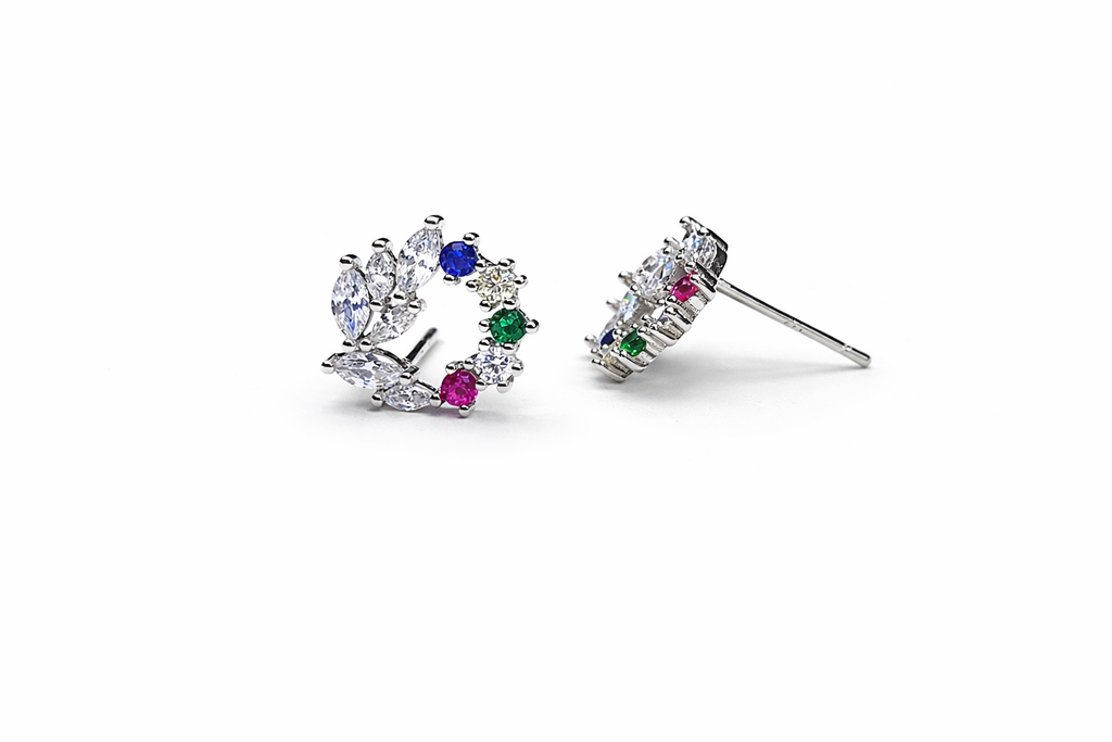 Sterling Silver Leaf Halo Stud Earrings