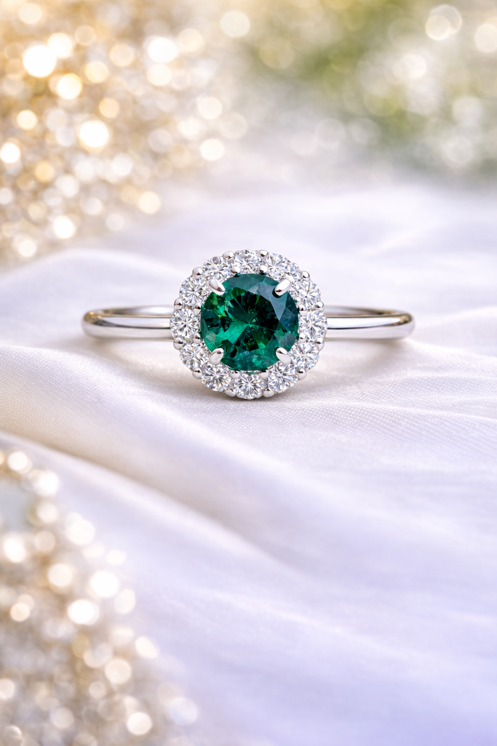 Sterling Silver Emerald Halo Ring