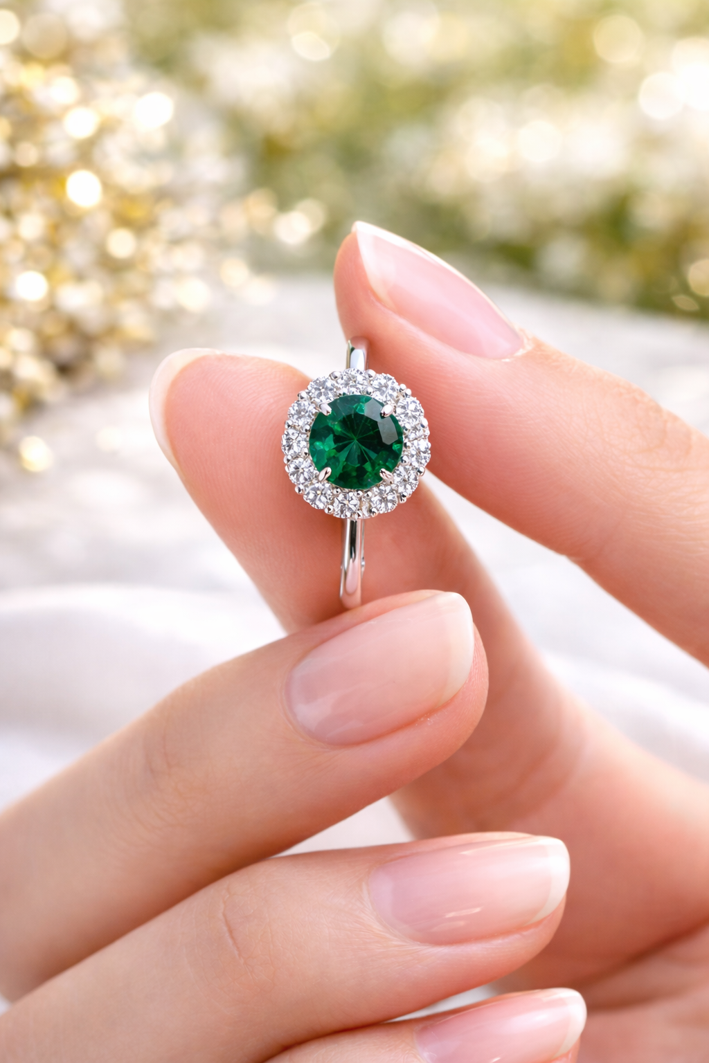 Sterling Silver Emerald Halo Ring