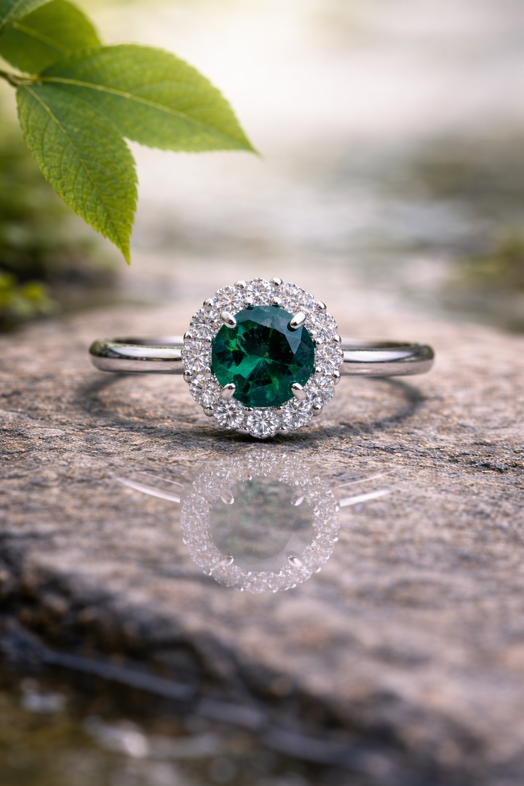 Sterling Silver Emerald Halo Ring