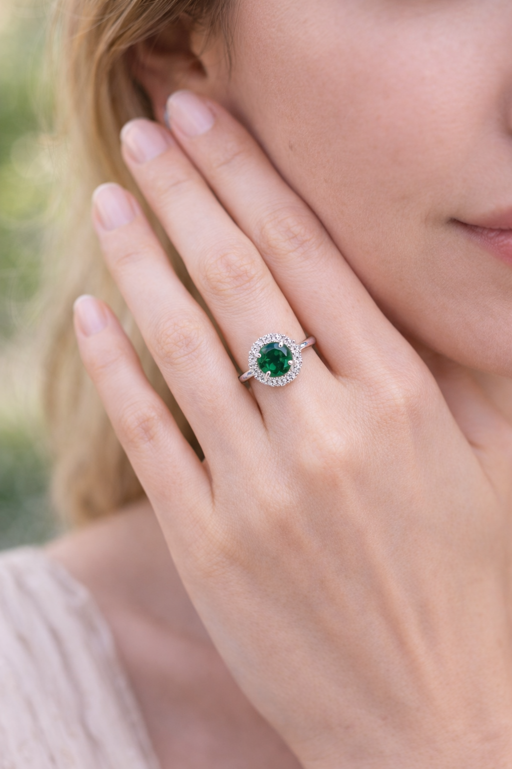 Sterling Silver Emerald Halo Ring